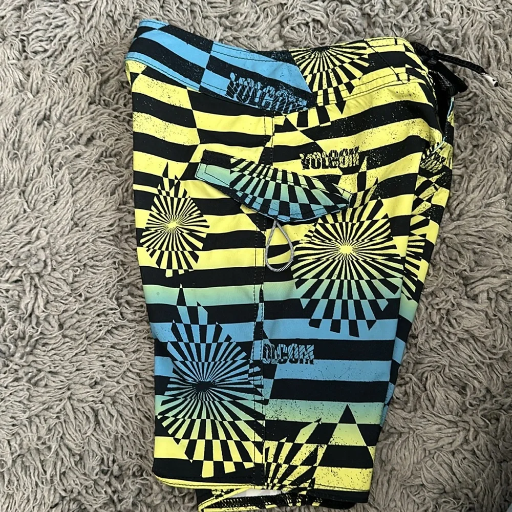 Volcom Boys Black Yellow Blue Striped Swim Trunks